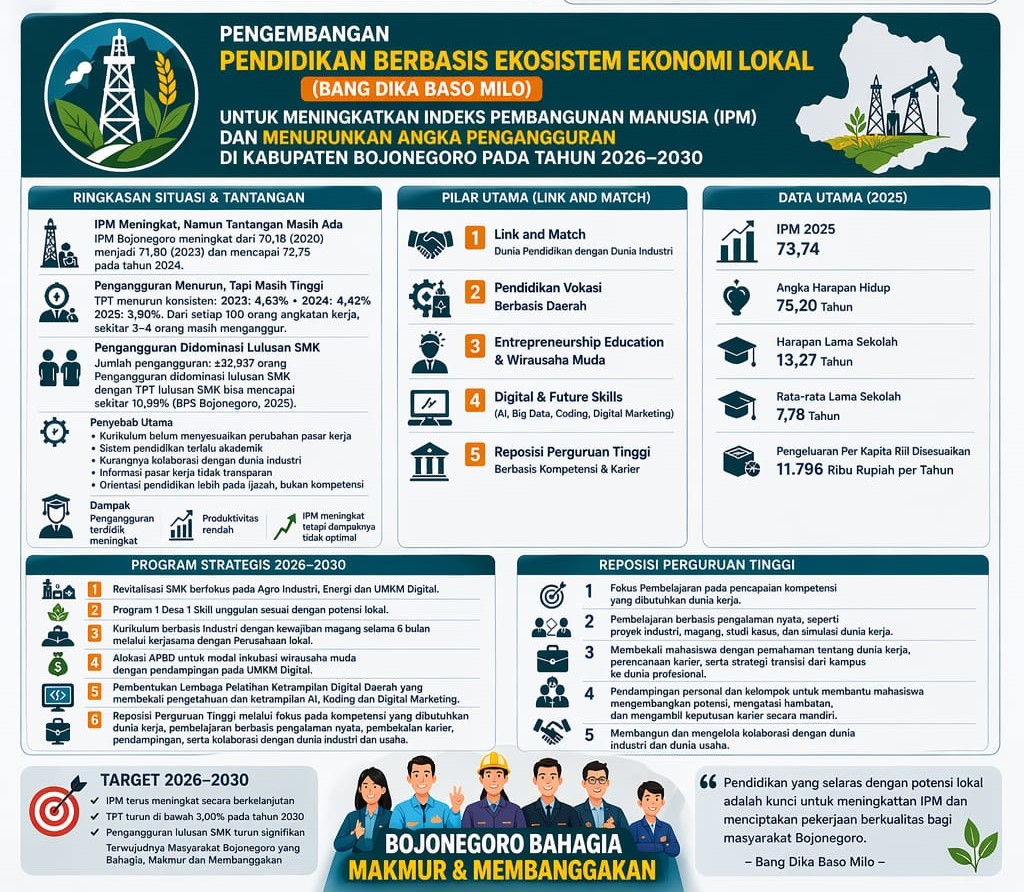 Pengembangan Pendidikan Berbasis Ekosistem Ekonomi Lokal  (Bang Dika Baso Milo)  untuk Meningkatkan Indeks Pembangunan Manusia (IPM) dan Menurunkan Angka Pengangguran di Kabupaten Bojonegoro Pada Tahun 2026-2030